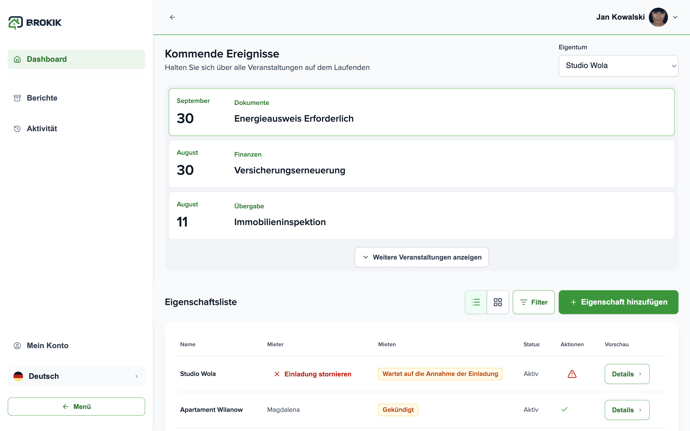 Brokik-Dashboard mit der Immobilien-Zeitachse