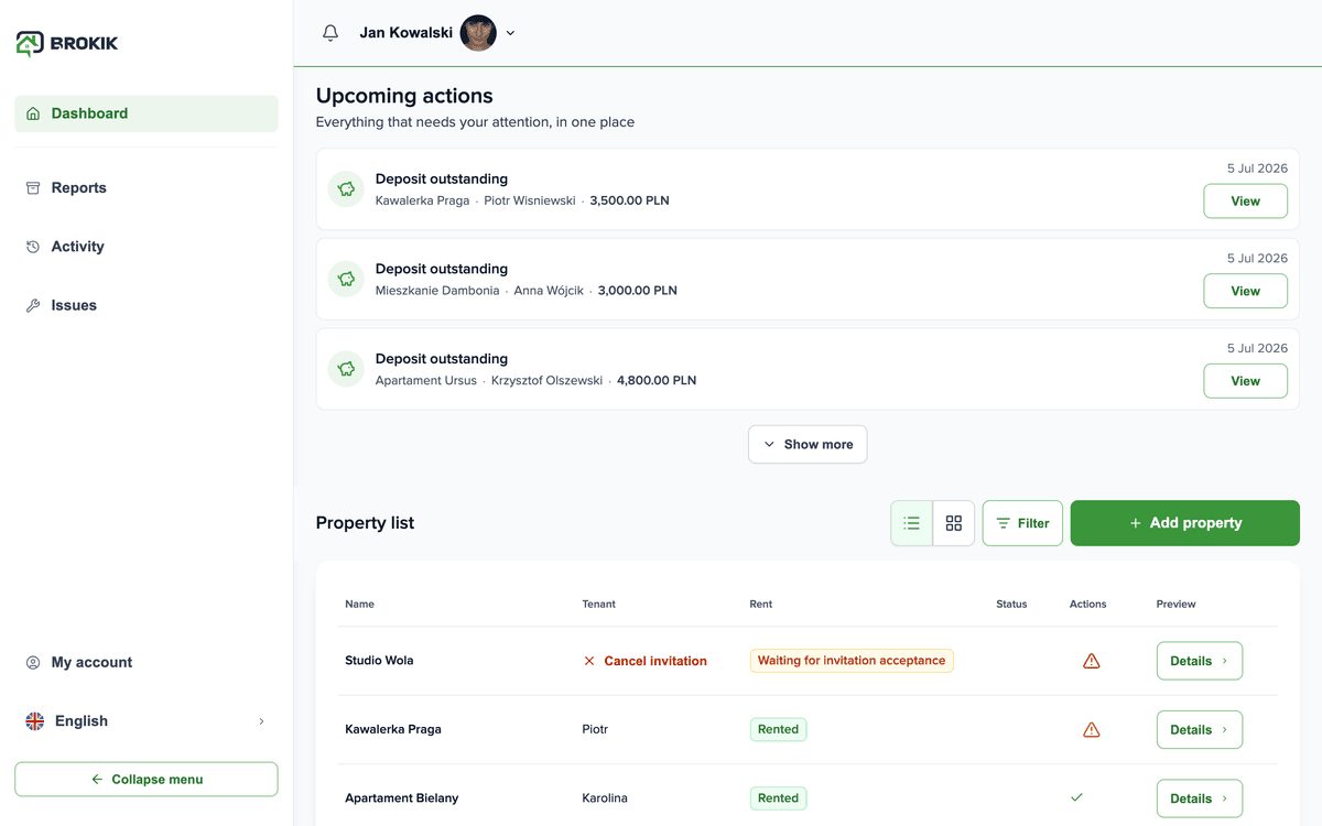 Brokik dashboard with the property list