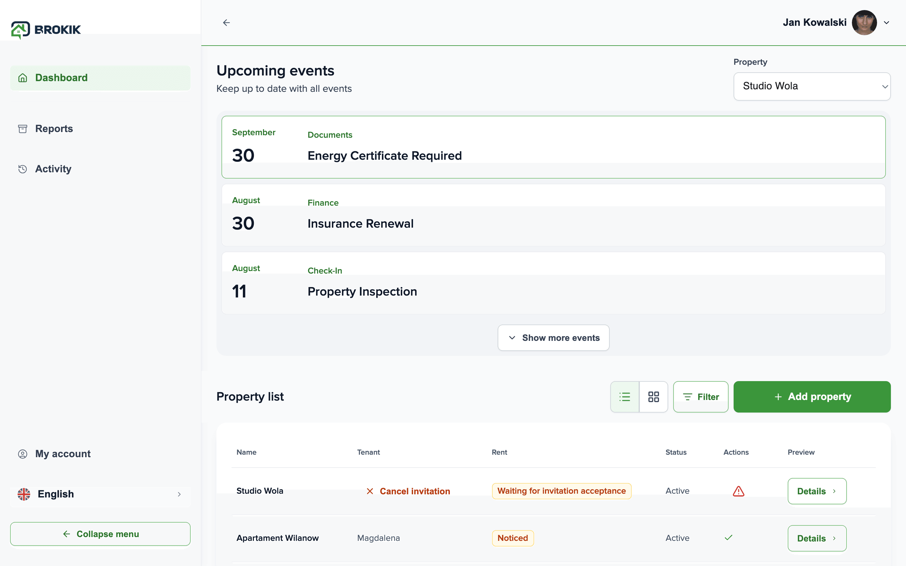 Brokik dashboard with the property timeline
