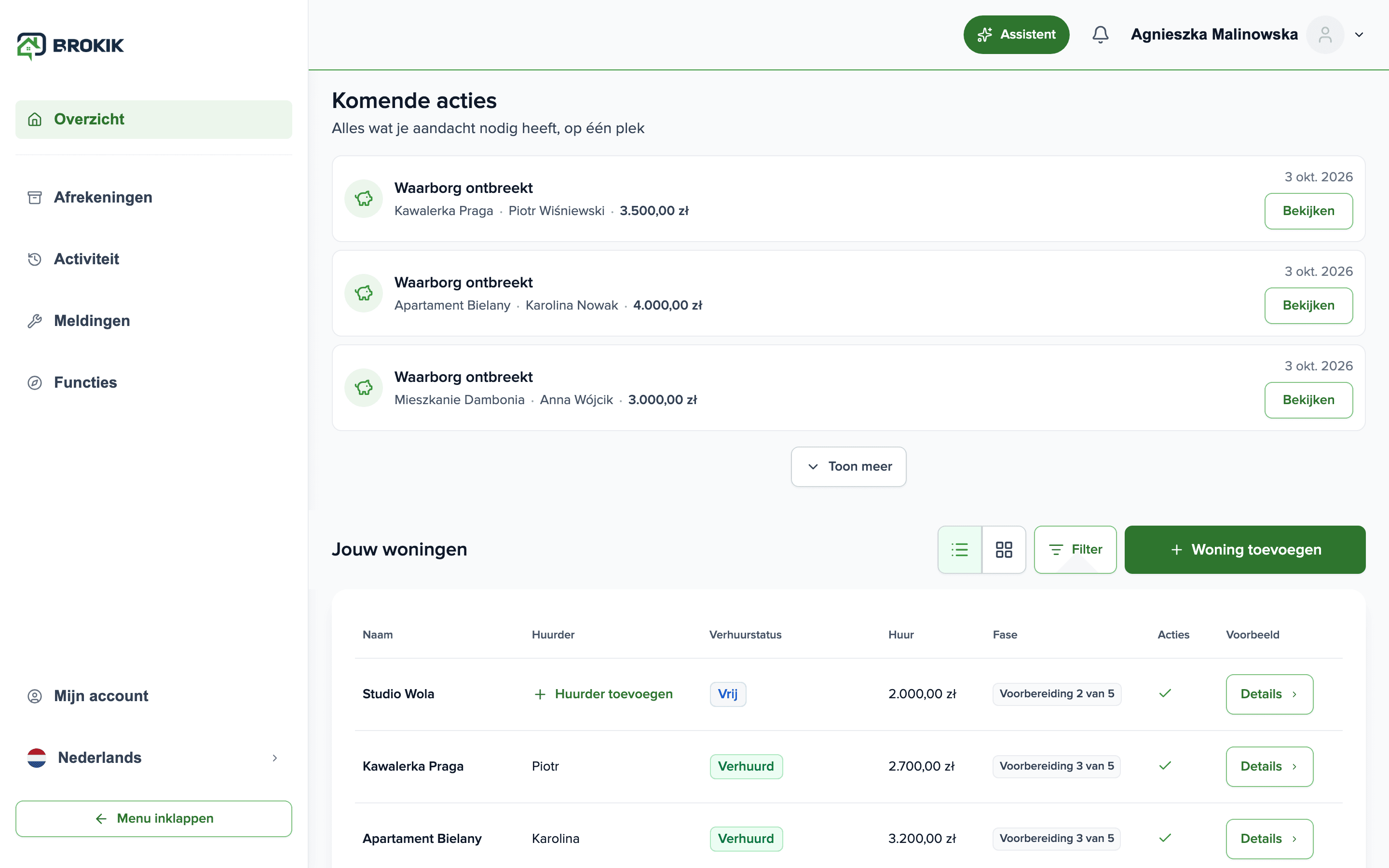 Brokik-dashboard met de tijdlijn van het pand