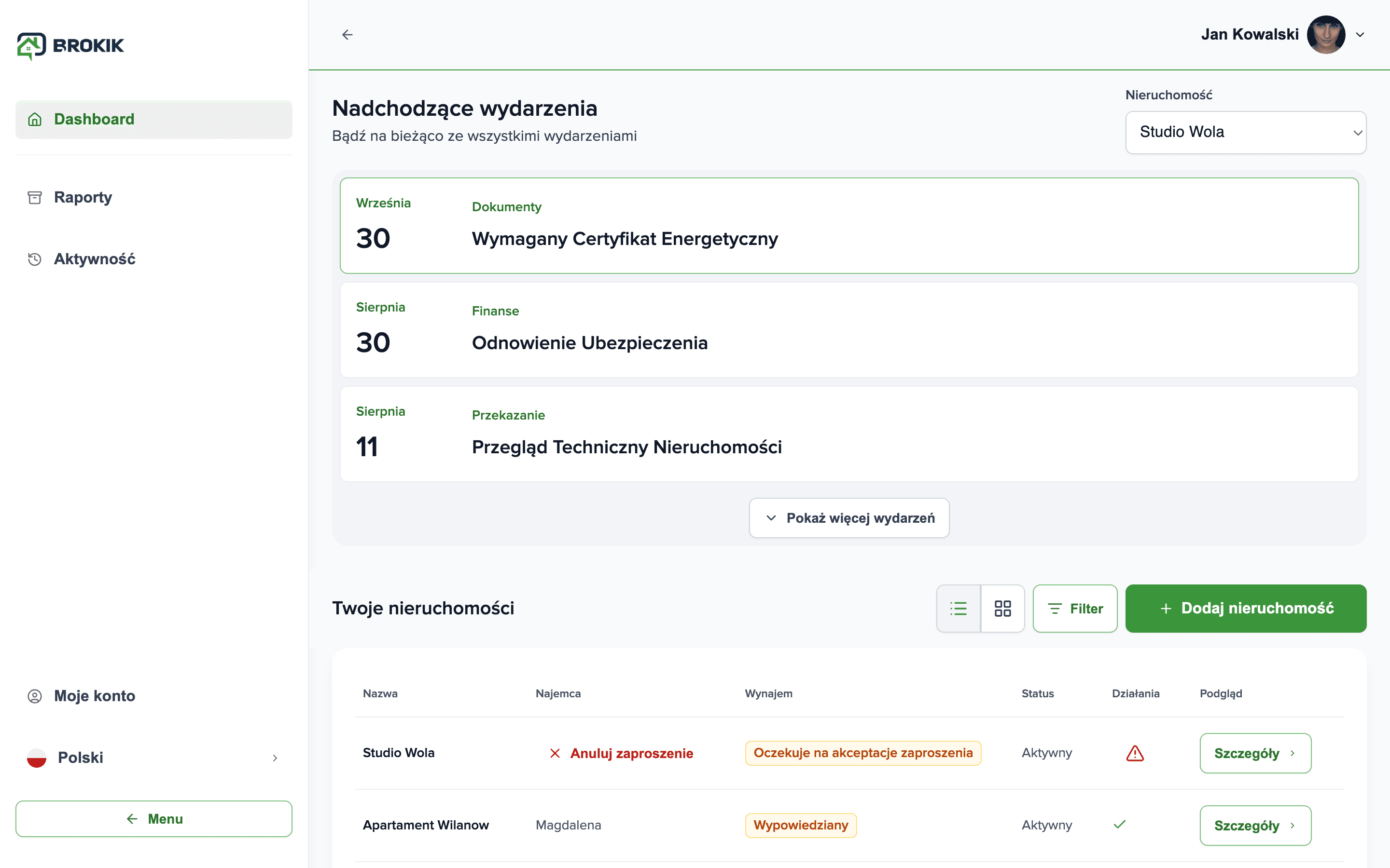 Dashboard Brokik z osią nieruchomości