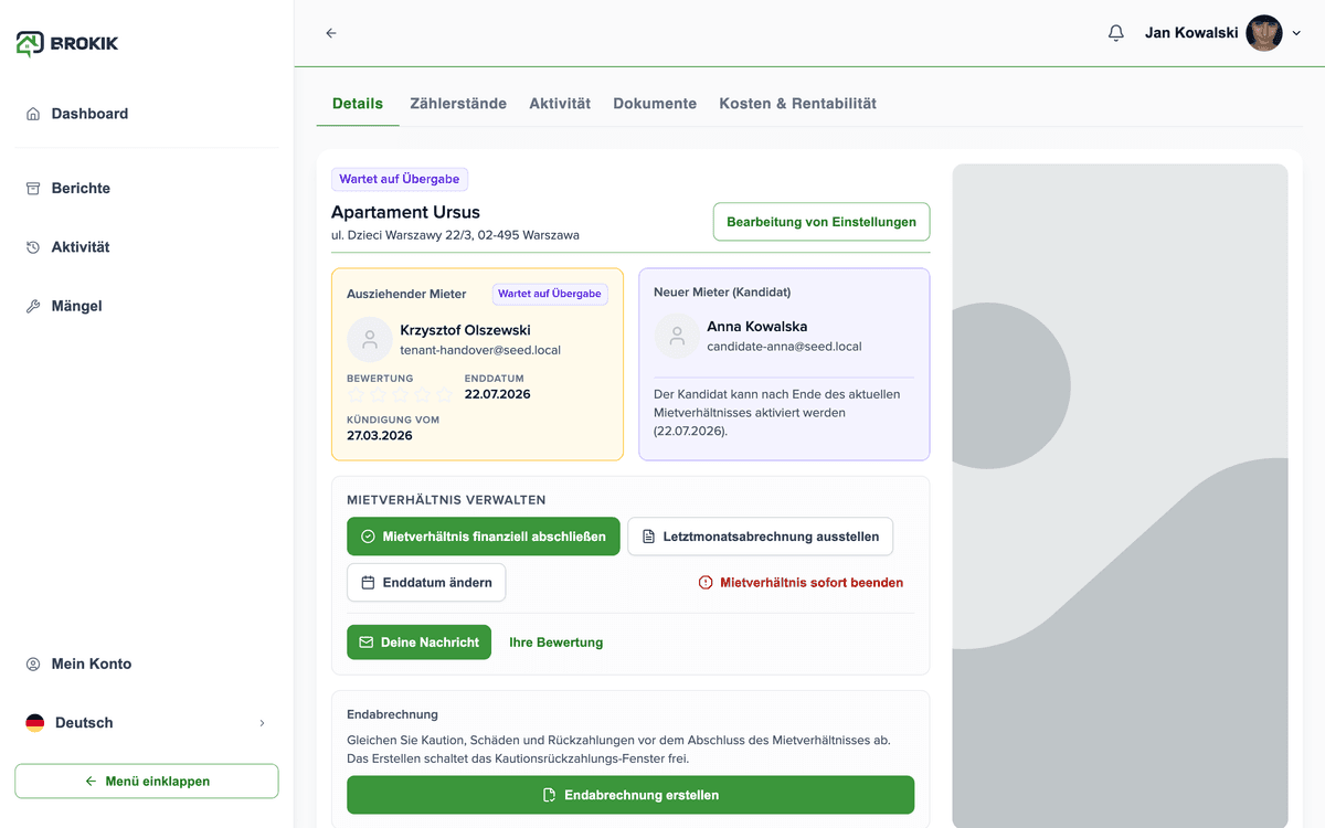 Brokik-Immobilienübersicht mit Mieter, Kaution und Abrechnungen