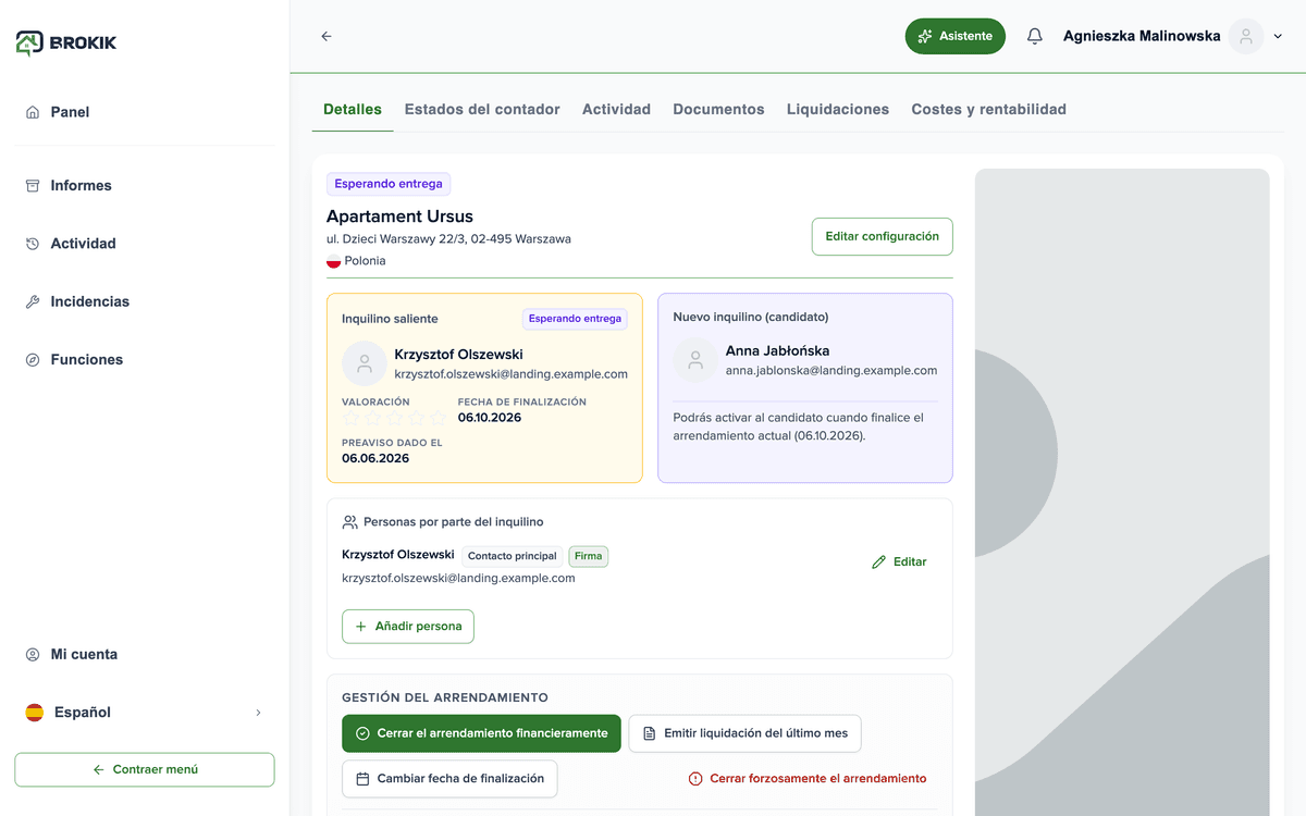 Vista general de una propiedad en Brokik con inquilino, fianza y liquidaciones
