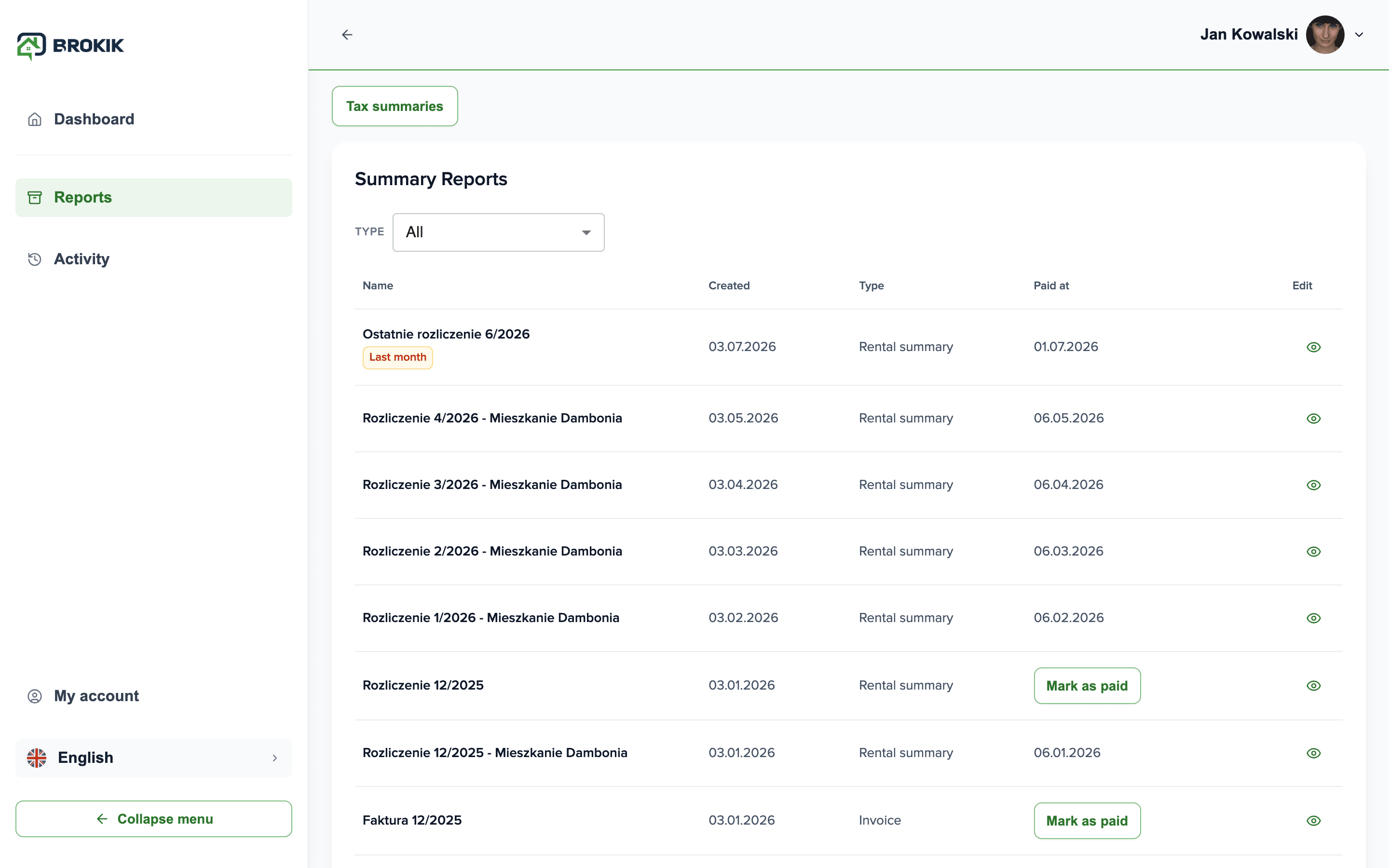 Rent statement and payments in Brokik