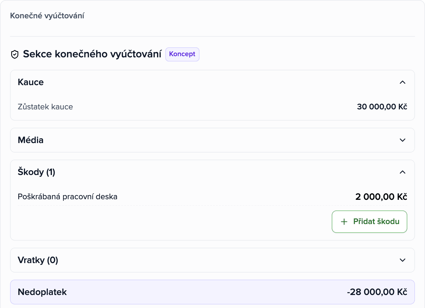 Konečné vyúčtování v aplikaci Brokik: zůstatek k vyrovnání, kauce a jedna zapsaná škoda.