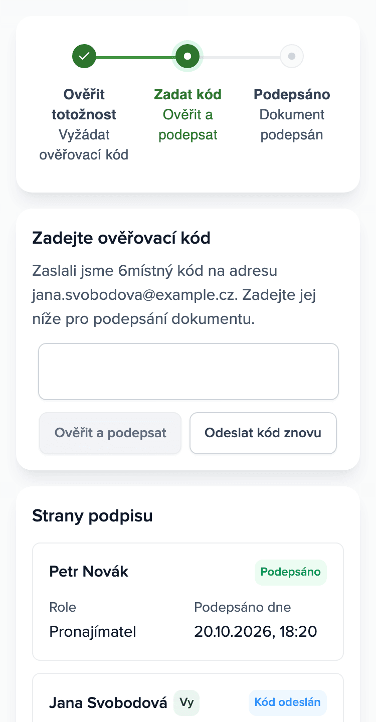 Telefon nájemce: stránka podpisu v Brokiku s polem pro kód z e-mailu a seznamem podepisujících.