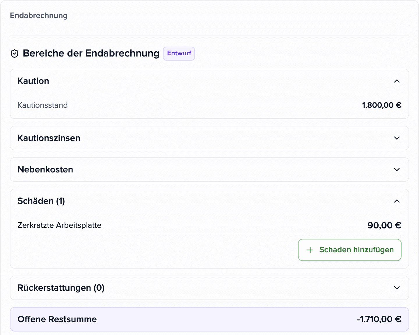 Schlussabrechnung in der Brokik-Anwendung: der Saldo, die Kaution und ein erfasster Schaden.