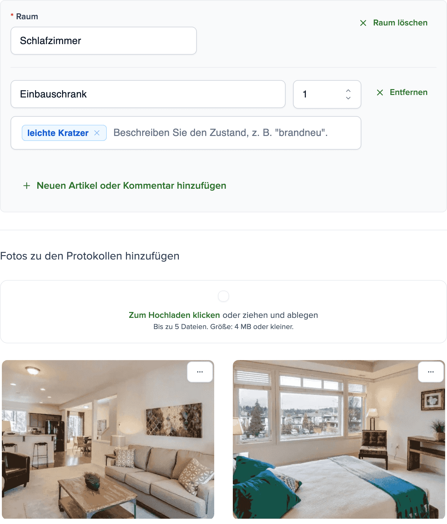 Übergabeprotokoll in der Brokik-Anwendung: ein Raum mit Ausstattung, Zustandsbeschreibung und zwei Fotos.