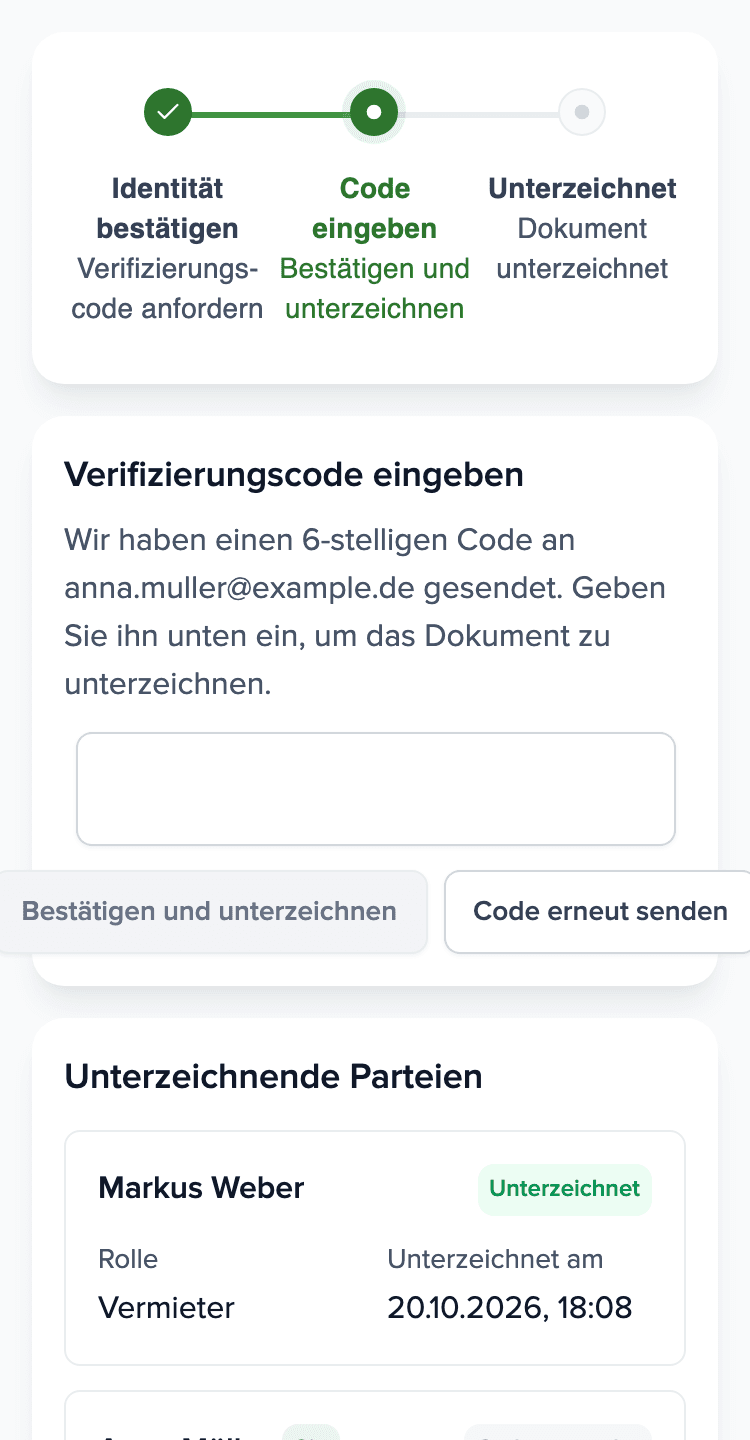 Handy des Mieters: die Brokik-Unterschriftsseite mit dem Feld für den Code aus der E-Mail und der Liste der Unterzeichner.