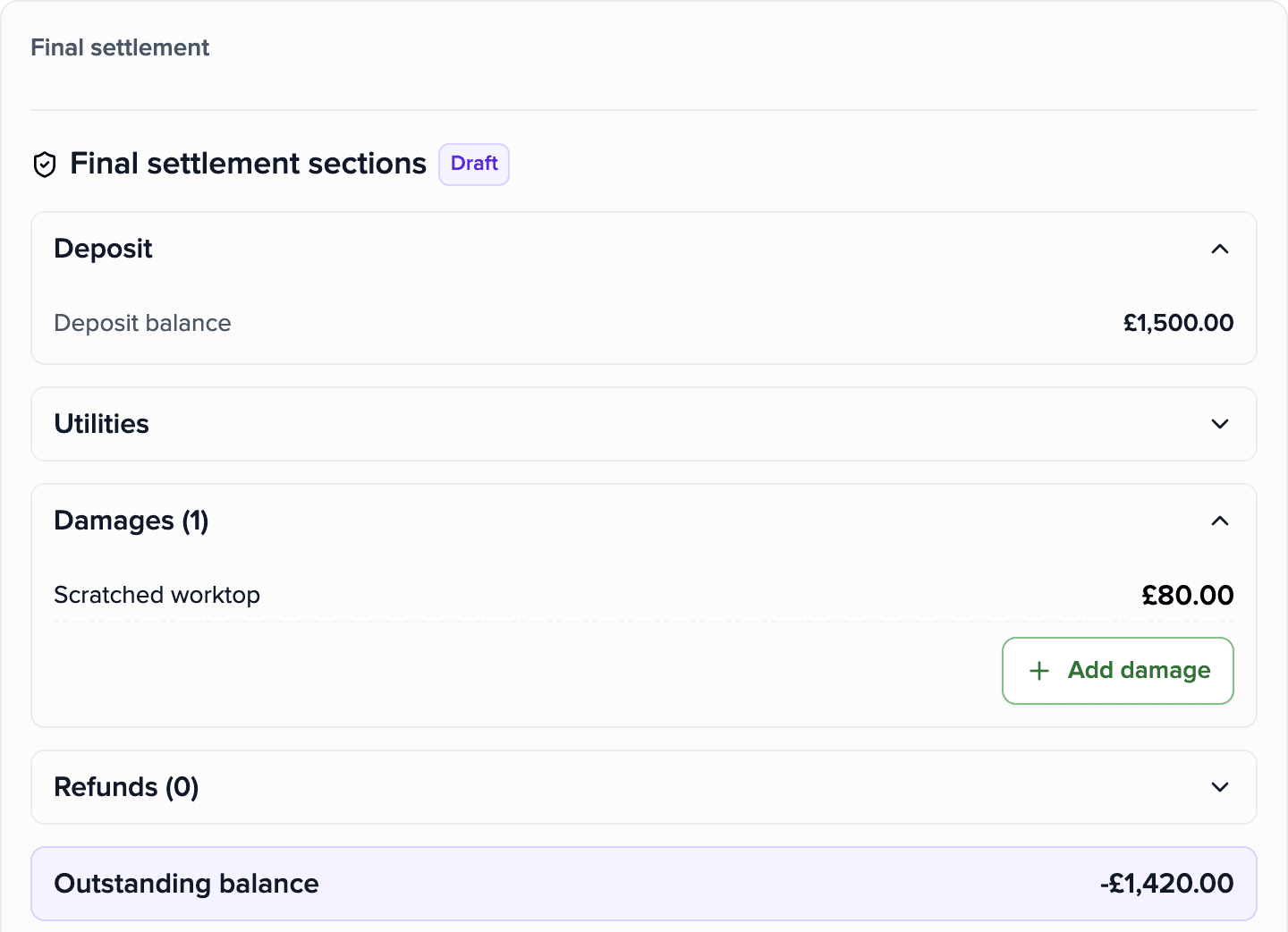 Final settlement in the Brokik application: the balance to settle, the deposit and one recorded damage.