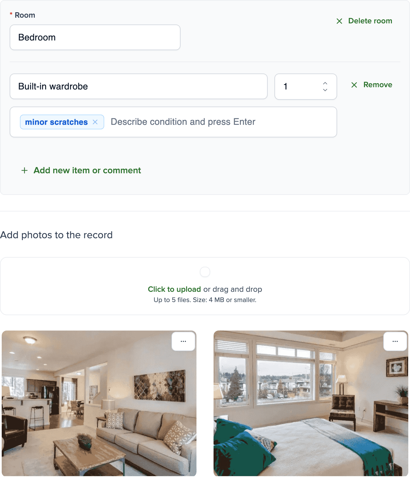 Handover protocol in the Brokik application: a room with its equipment, a note on its condition and two photos.
