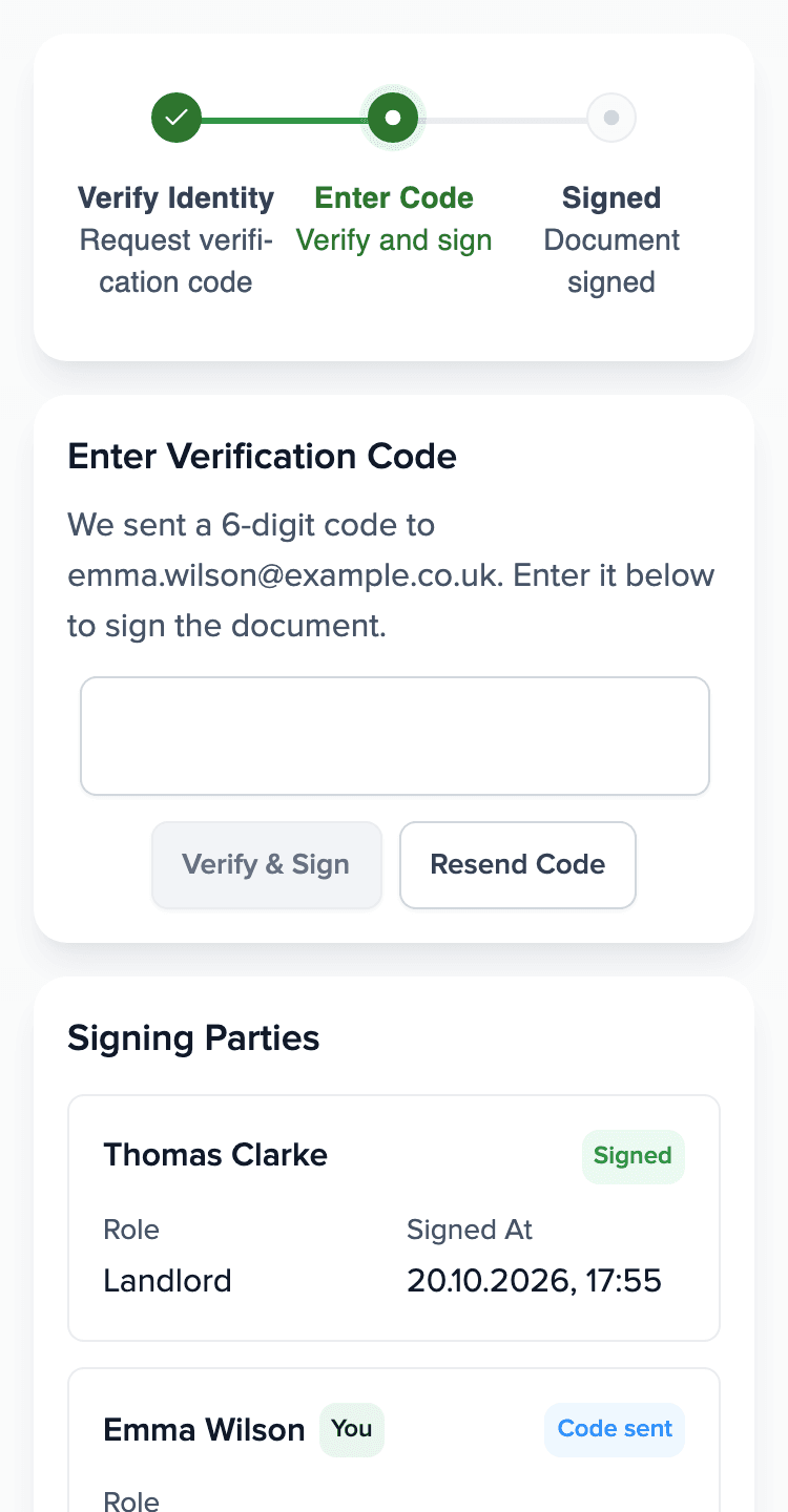 Tenant's phone: the Brokik signing page with the field for the code from the email and the list of signers.