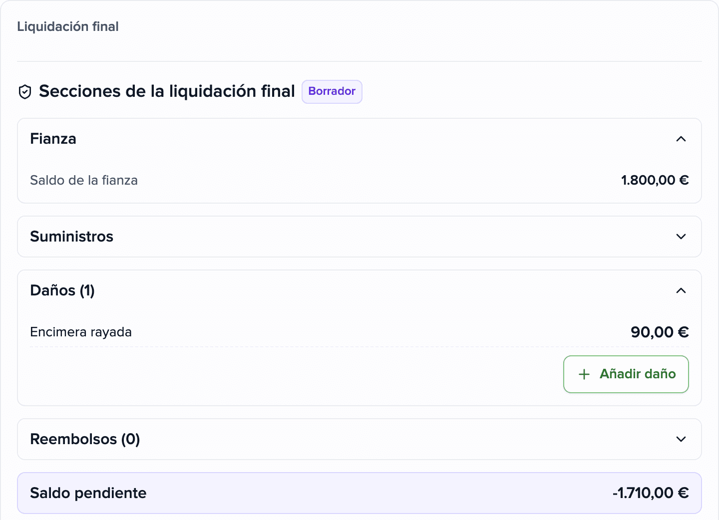 Liquidación final en la aplicación Brokik: el saldo, la fianza y un daño registrado.
