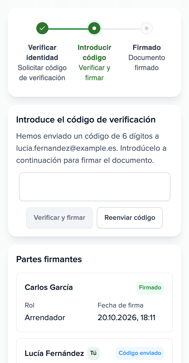 Móvil del inquilino: la página de firma de Brokik con el campo para el código del correo y la lista de firmantes.