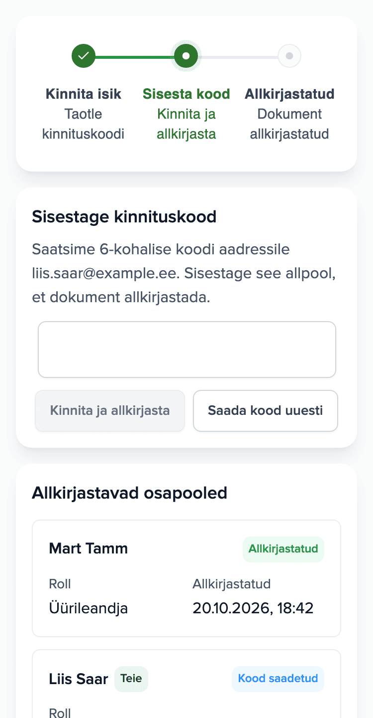 Üürniku telefon: Brokiku allkirjastamise leht e-kirjas oleva koodi väljaga ja allkirjastajate loendiga.