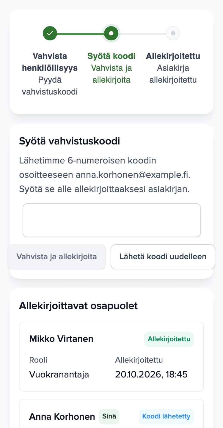 Vuokralaisen puhelin: Brokikin allekirjoitussivu, jossa on kenttä sähköpostin koodille ja allekirjoittajien luettelo.