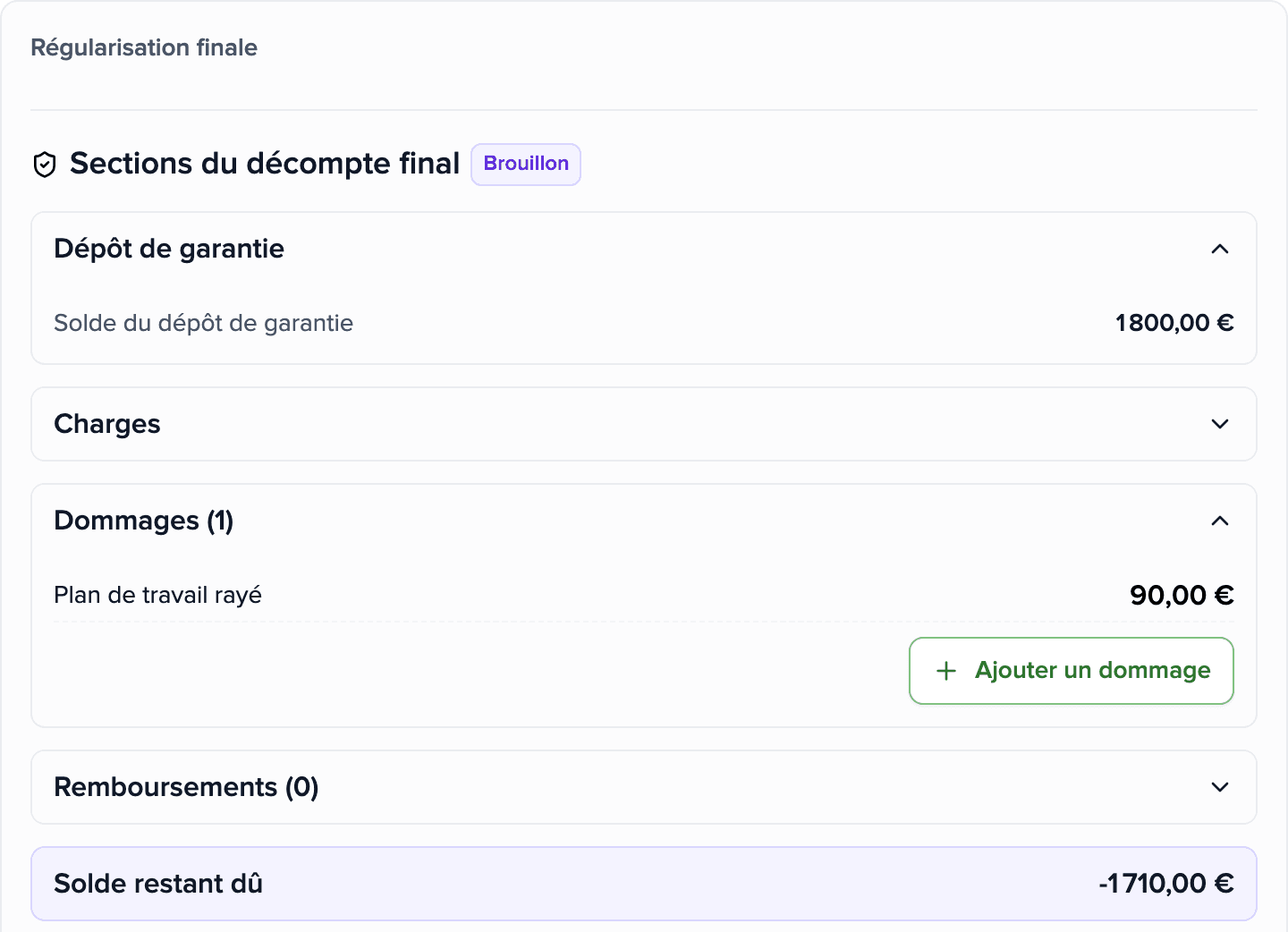 Décompte final dans l'application Brokik : le solde, le dépôt de garantie et une dégradation saisie.