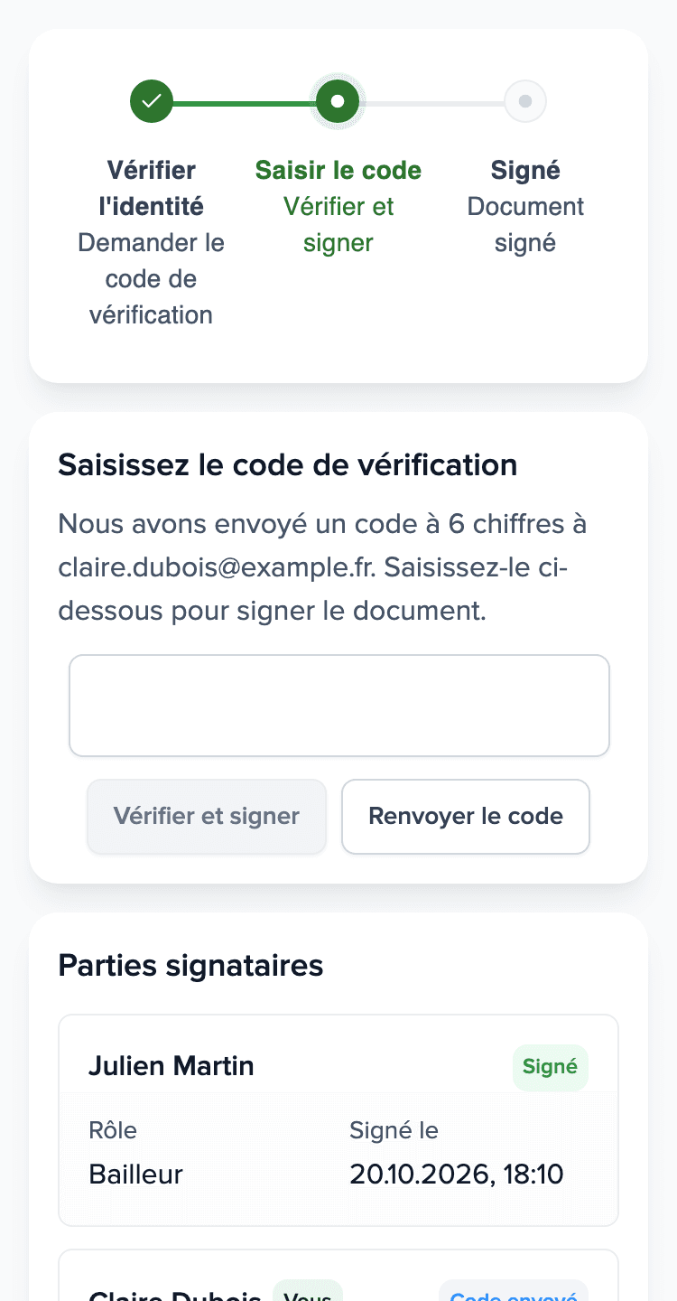 Téléphone du locataire : la page de signature de Brokik avec le champ pour le code reçu par e-mail et la liste des signataires.