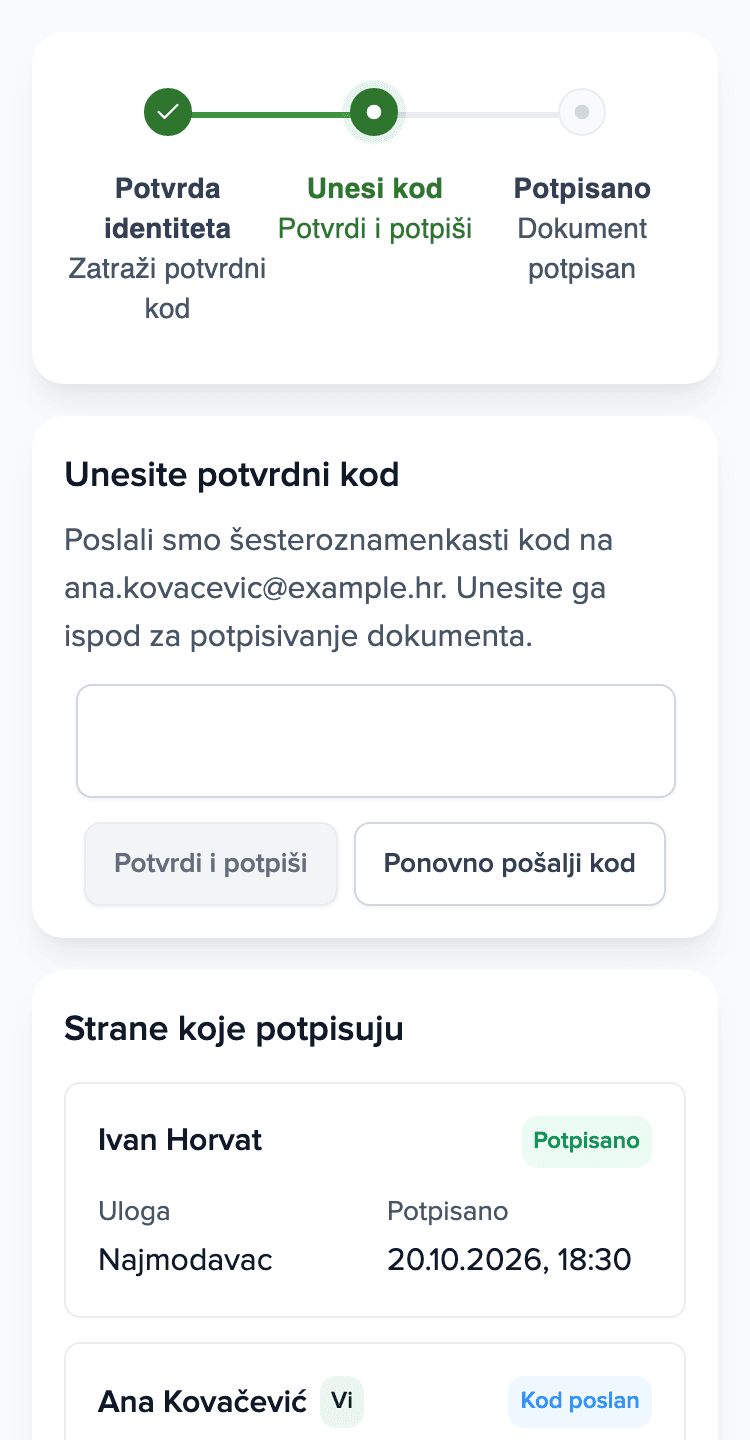 Telefon najmoprimca: Brokikova stranica za potpis s poljem za kod iz e-maila i popisom potpisnika.