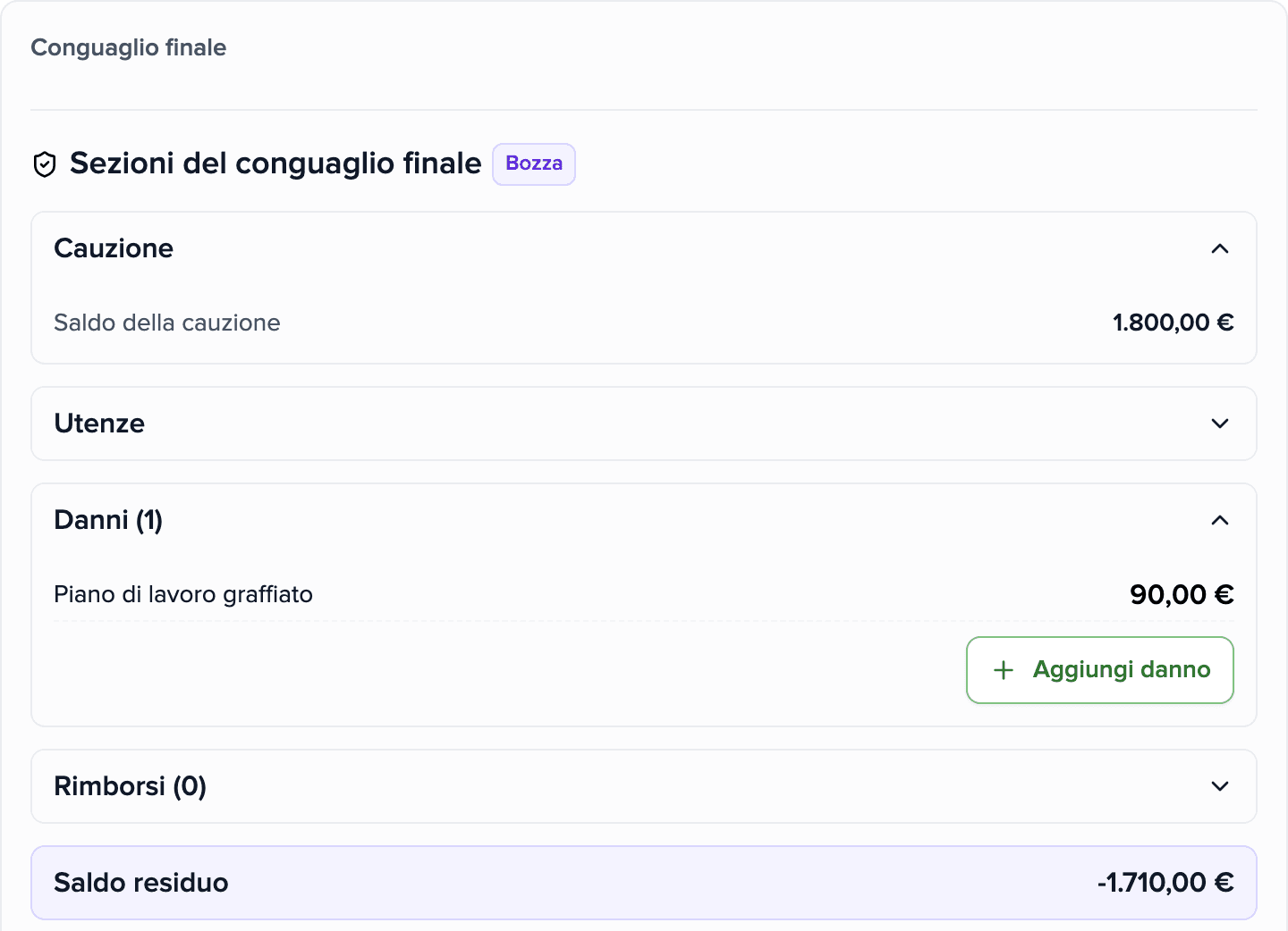 Liquidazione finale nell'applicazione Brokik: il saldo, il deposito cauzionale e un danno registrato.