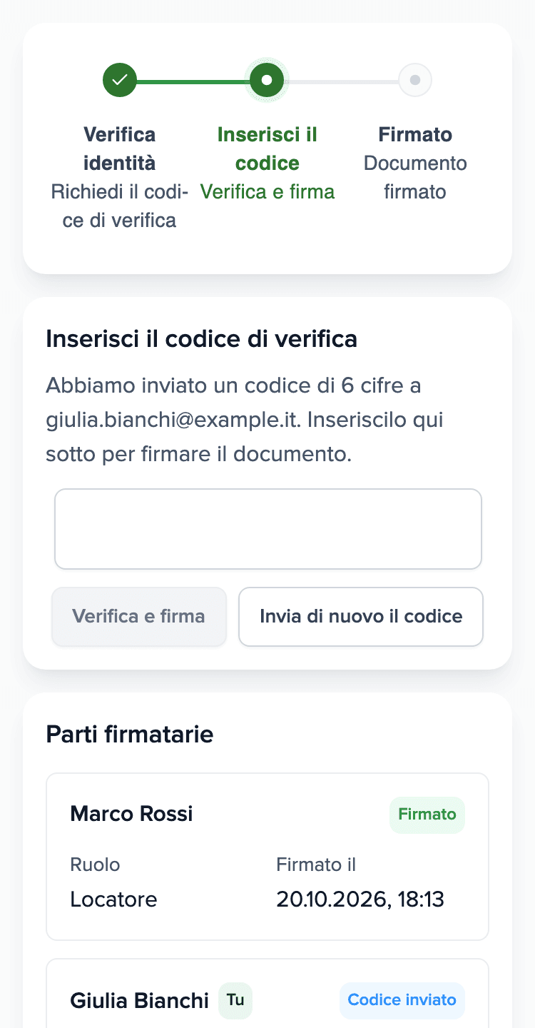 Telefono dell'inquilino: la pagina di firma di Brokik con il campo per il codice dell'e-mail e l'elenco dei firmatari.