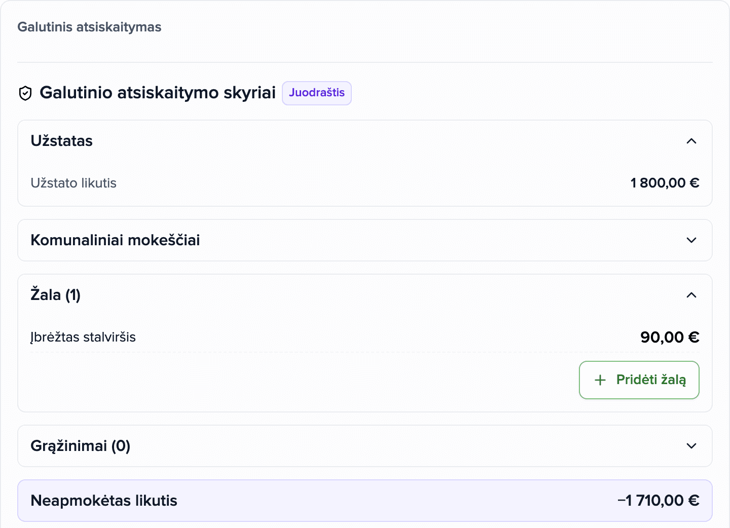 Galutinis atsiskaitymas Brokik programoje: likutis, užstatas ir viena įrašyta žala.