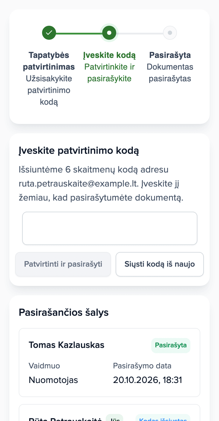 Nuomininko telefonas: Brokik pasirašymo puslapis su laukeliu kodui iš el. laiško ir pasirašančiųjų sąrašu.