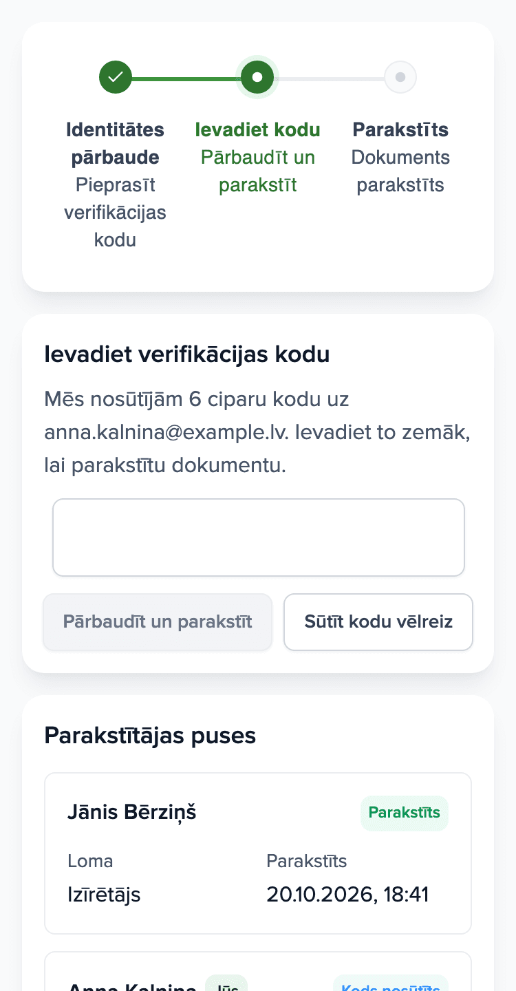 Īrnieka tālrunis: Brokik parakstīšanas lapa ar lauku e-pasta kodam un parakstītāju sarakstu.