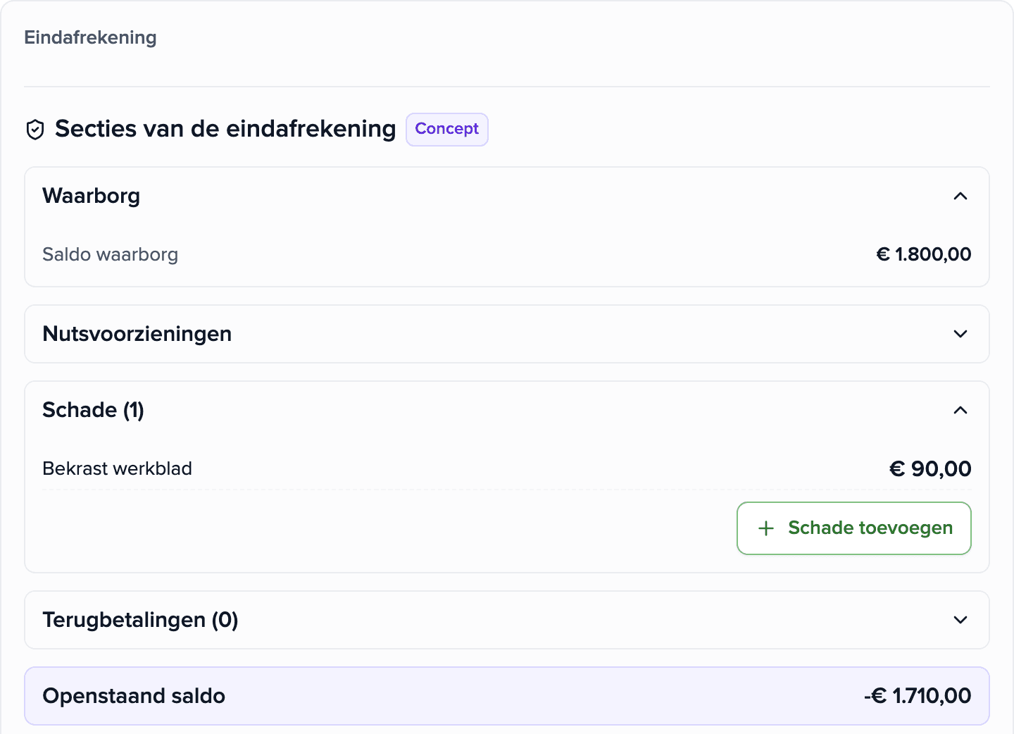 Eindafrekening in de Brokik-applicatie: het saldo, de waarborg en één geregistreerde schade.