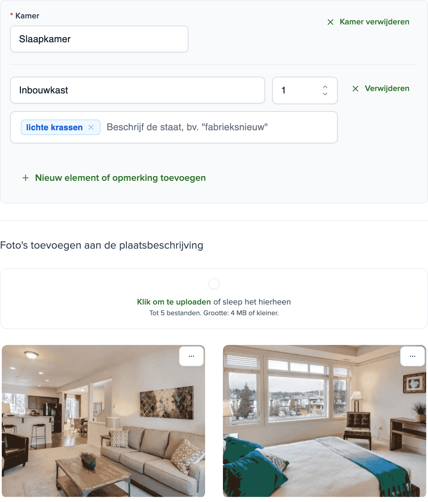 Plaatsbeschrijving in de Brokik-applicatie: een ruimte met inrichting, een opmerking over de staat en twee foto's.