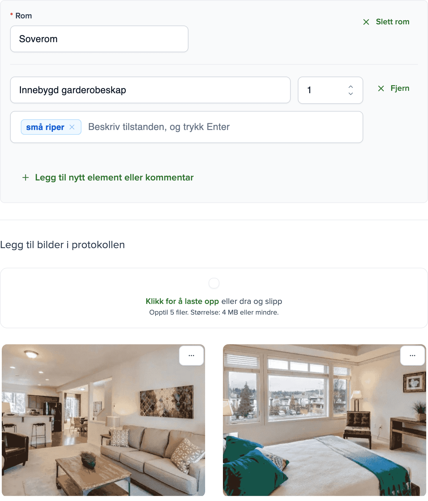 Overtakelsesprotokoll i Brokik-applikasjonen: et rom med inventar, en merknad om tilstanden og to bilder.