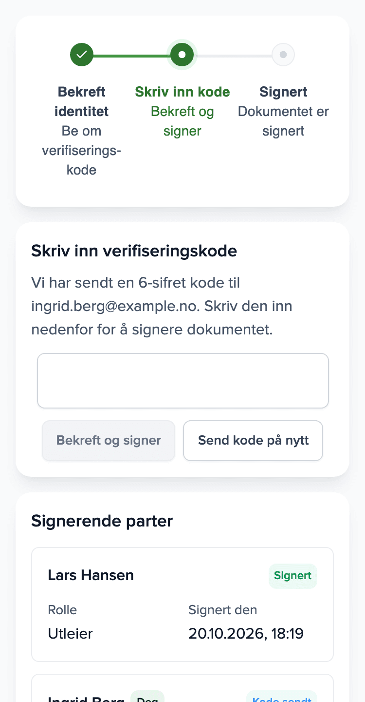 Leietakerens telefon: Brokiks signeringsside med feltet for koden fra e-posten og listen over signatarer.