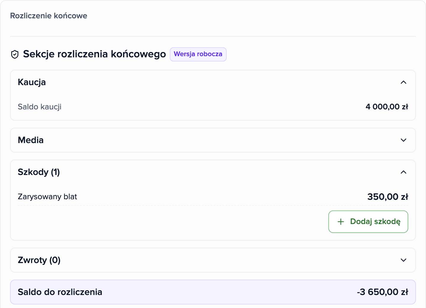 Rozliczenie końcowe w aplikacji Brokik: saldo do rozliczenia, kaucja i wpisana szkoda.
