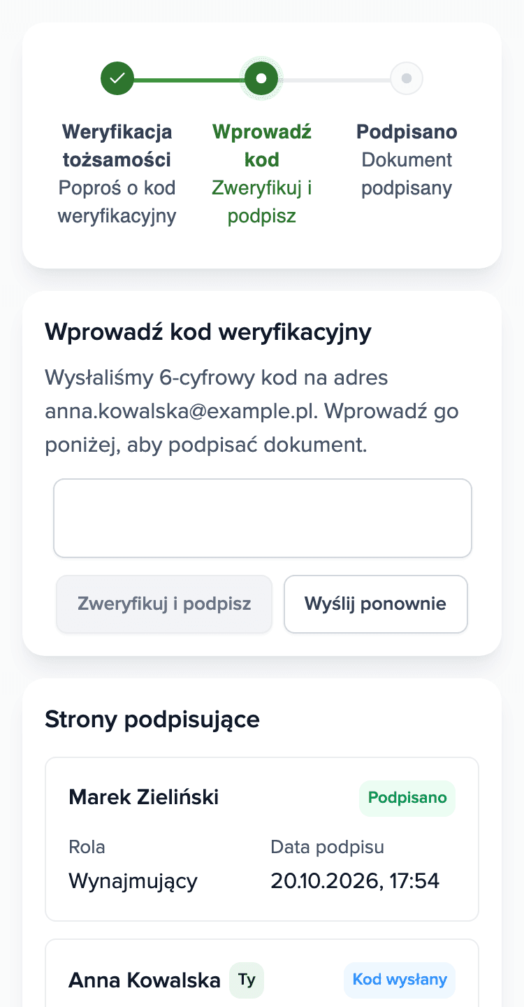 Telefon najemcy: strona podpisu w Brokiku z polem na kod z e-⁠maila i listą podpisujących.