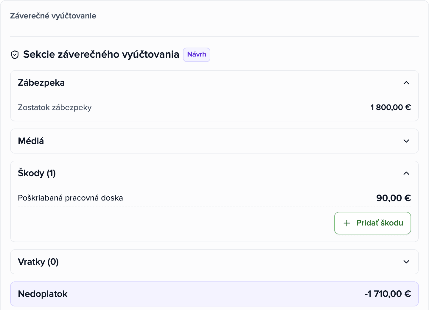 Konečné vyúčtovanie v aplikácii Brokik: zostatok na vyrovnanie, kaucia a jedna zapísaná škoda.