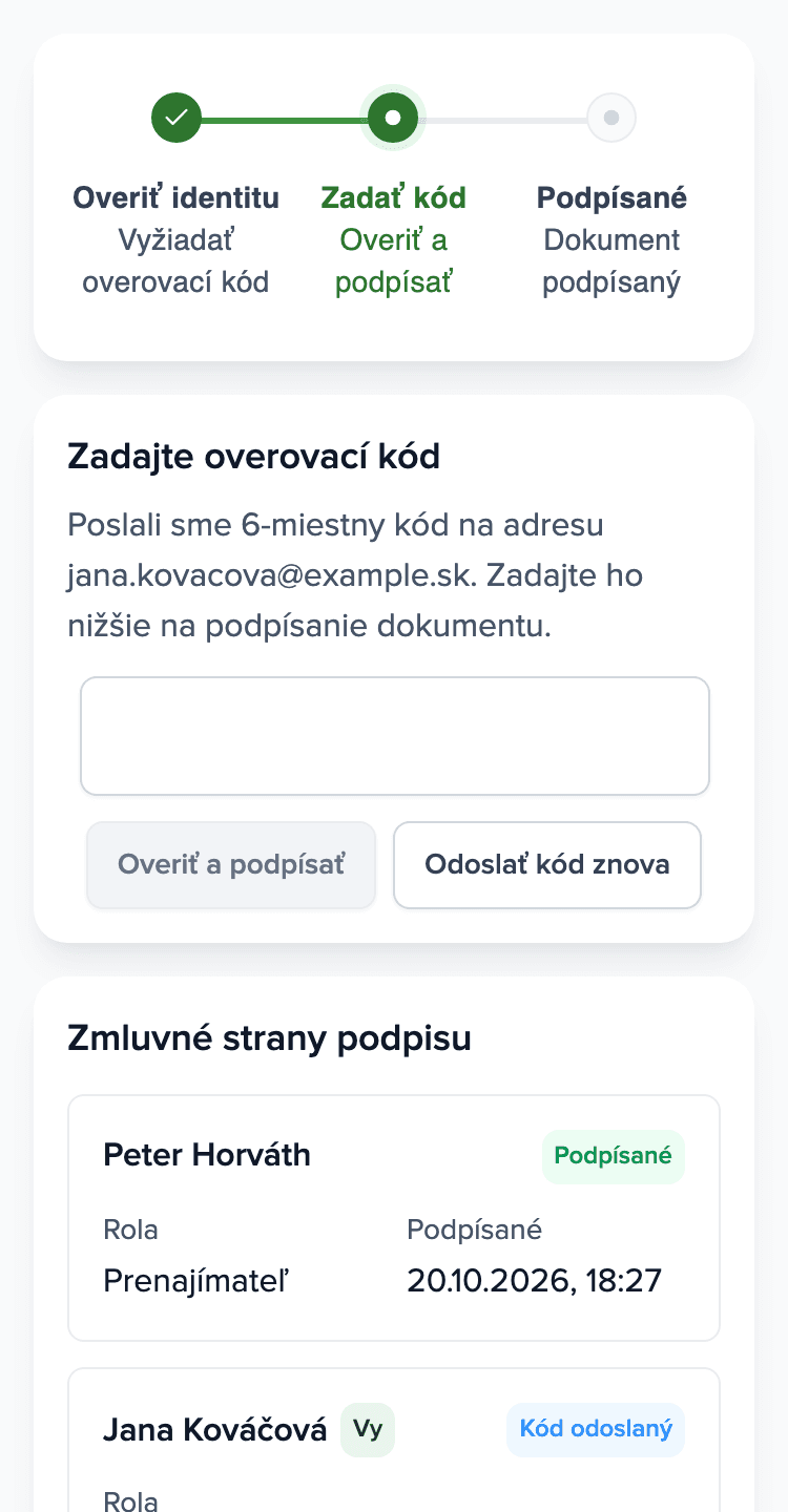 Telefón nájomcu: stránka podpisu v Brokiku s poľom na kód z e-mailu a zoznamom podpisujúcich.