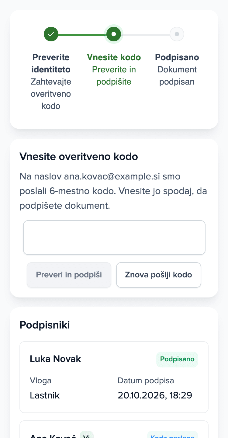 Telefon najemnika: podpisna stran Brokika s poljem za kodo iz e-pošte in seznamom podpisnikov.
