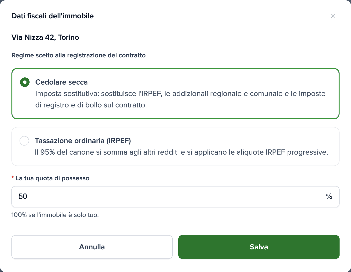 Finestra Dati fiscali dell'immobile per Via Nizza 42, Torino: Regime scelto alla registrazione del contratto, Cedolare secca selezionata; La tua quota di possesso 50%.
