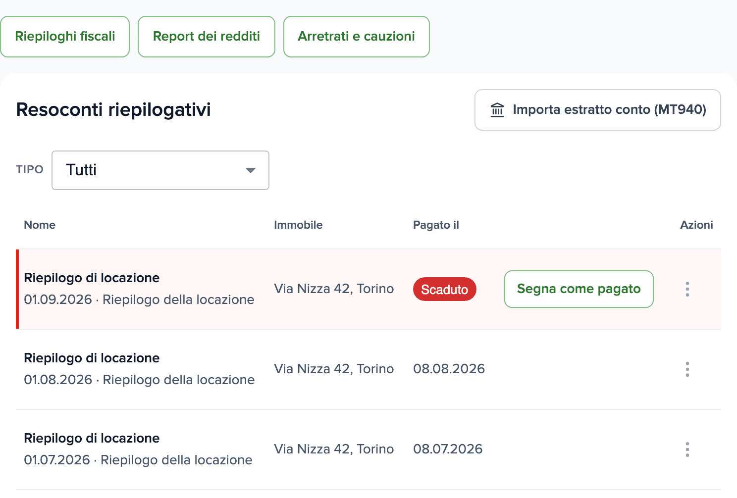 Elenco dei report: Riepilogo di locazione di settembre per Via Nizza 42, Torino con l'etichetta Scaduto e il pulsante Segna come pagato nella riga.