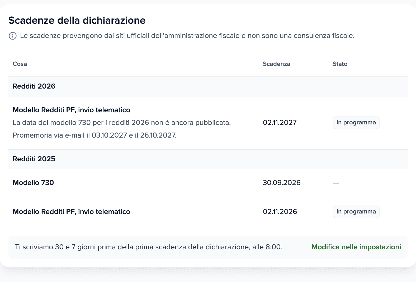 Scheda Scadenze: Redditi 2026, Modello Redditi PF, invio telematico, 02.11.2027; Redditi 2025, Modello 730 30.09.2026 e Modello Redditi PF 02.11.2026; nota sui promemoria via e-mail.
