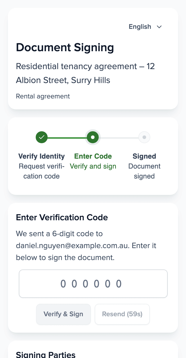 Tenant's phone: the signing page for the residential tenancy agreement of 12 Albion Street, Surry Hills, with the field for the code from the e-mail.