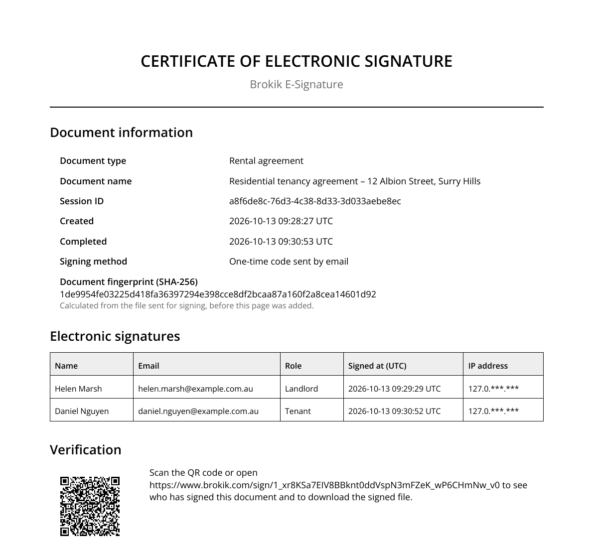 Certificate of Electronic Signature added to the signed agreement: Helen Marsh, landlord, and Daniel Nguyen, tenant, each with the time of signing, the document fingerprint and a QR code.