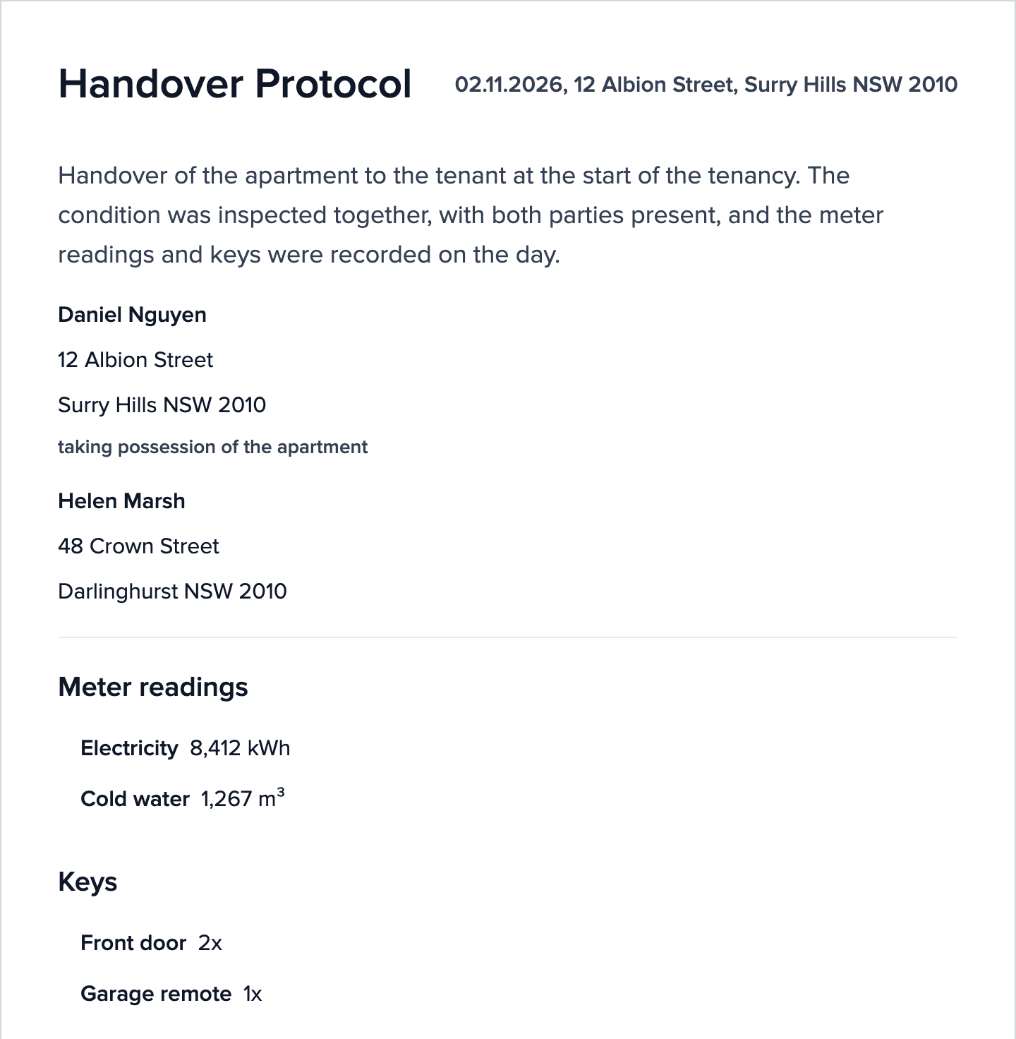 Handover Protocol for 12 Albion Street, Surry Hills: the landlord and the tenant, electricity 8,412 kWh and cold water 1,267 m³, two front door keys and one garage remote.
