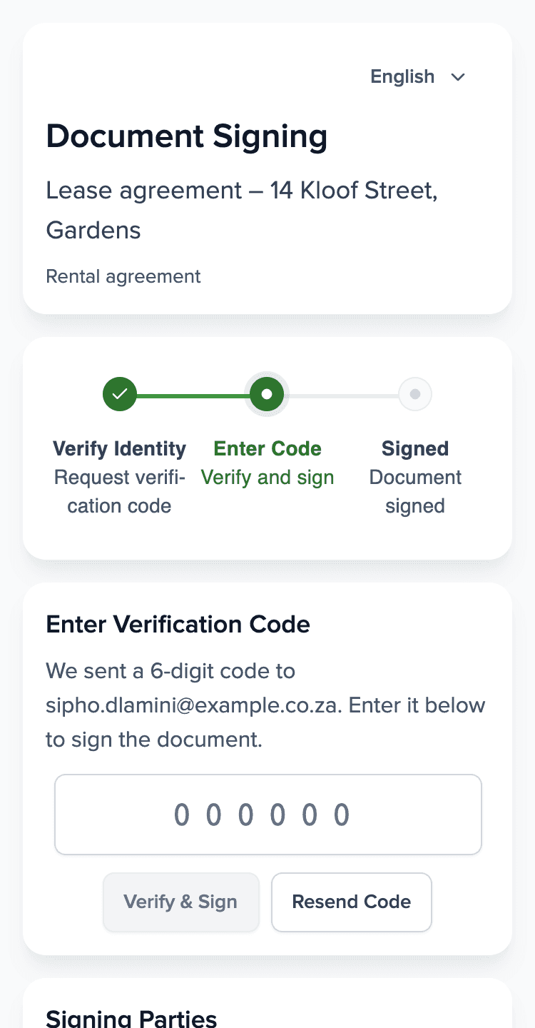 Tenant's phone: the signing page for the lease of 14 Kloof Street, Gardens, with the field for the code from the email.