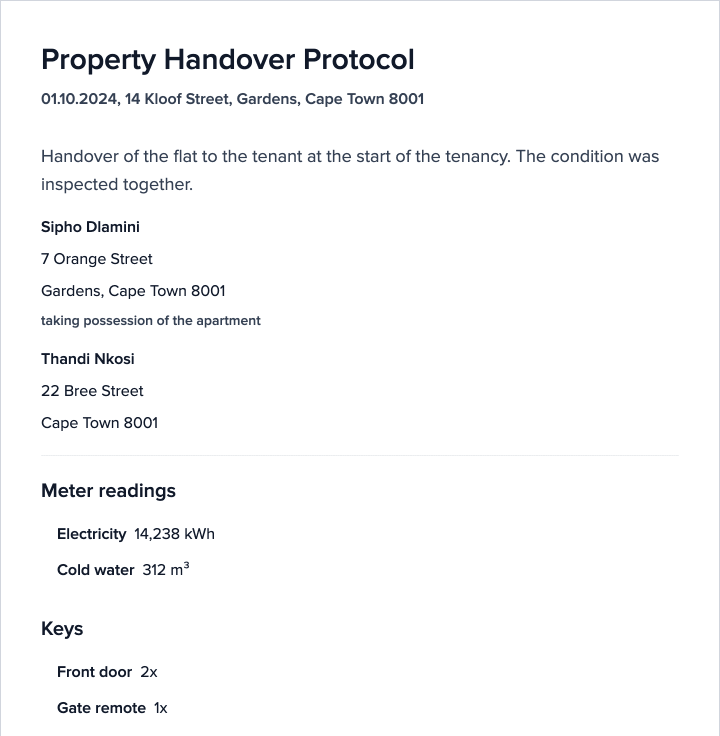 Property Handover Protocol for 14 Kloof Street, Gardens: the landlord and the tenant, electricity 14,238 kWh and cold water 312 m³, two front door keys and one gate remote.