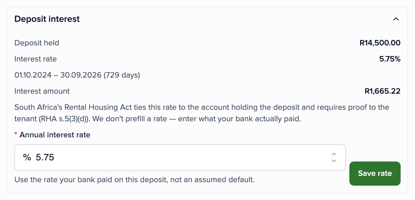Deposit interest in a final settlement: deposit held R14,500.00, interest rate 5.75%, 01.10.2024 – 30.09.2026 (729 days), interest amount R1,665.22.