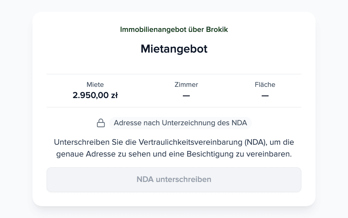 Angebot für einen Interessenten: Adresse verborgen bis zur NDA-Unterschrift