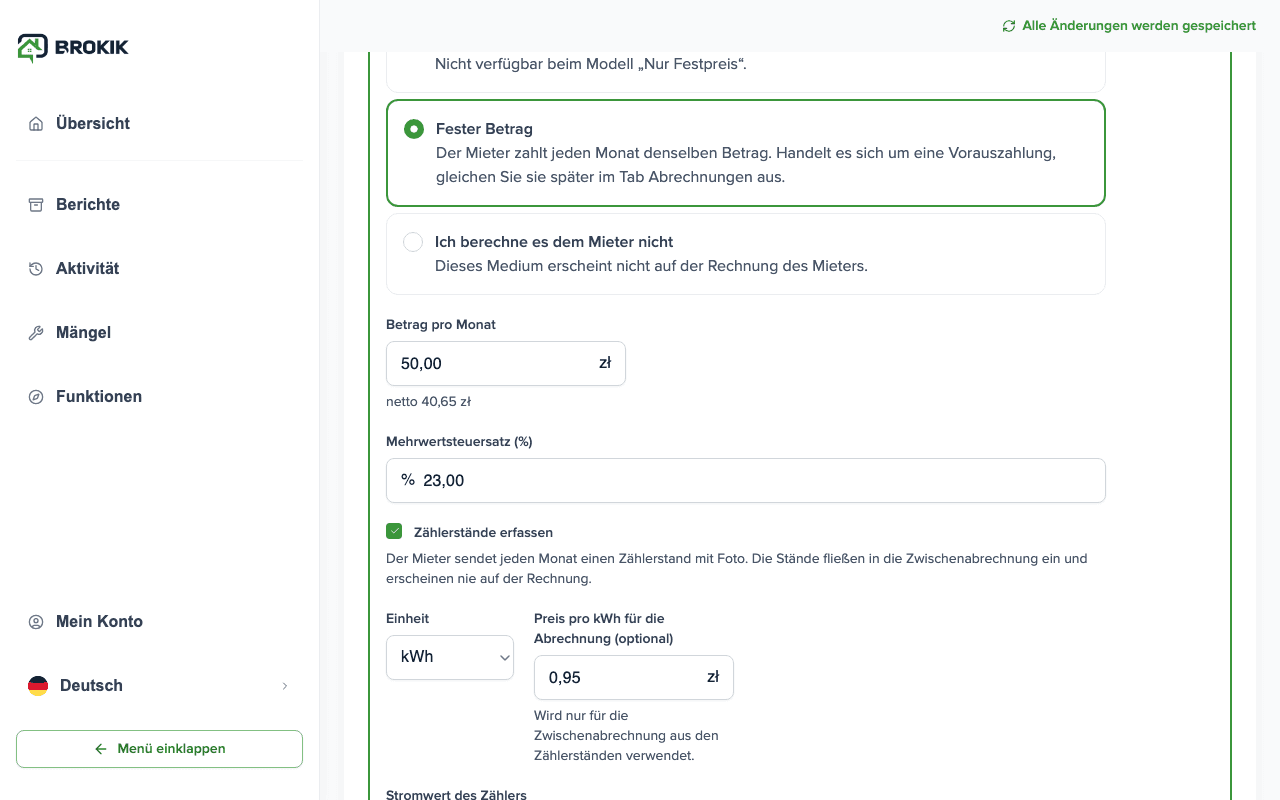Nebenkosteneinstellungen: fester Abschlag, Kontrollablesungen und Preis pro kWh