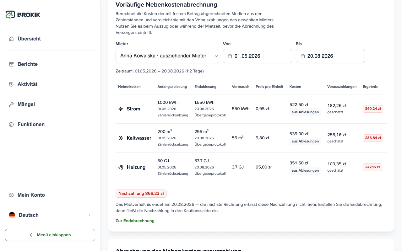 Vorläufige Abrechnung zum Auszugstag mit einer nachzuzahlenden Differenz