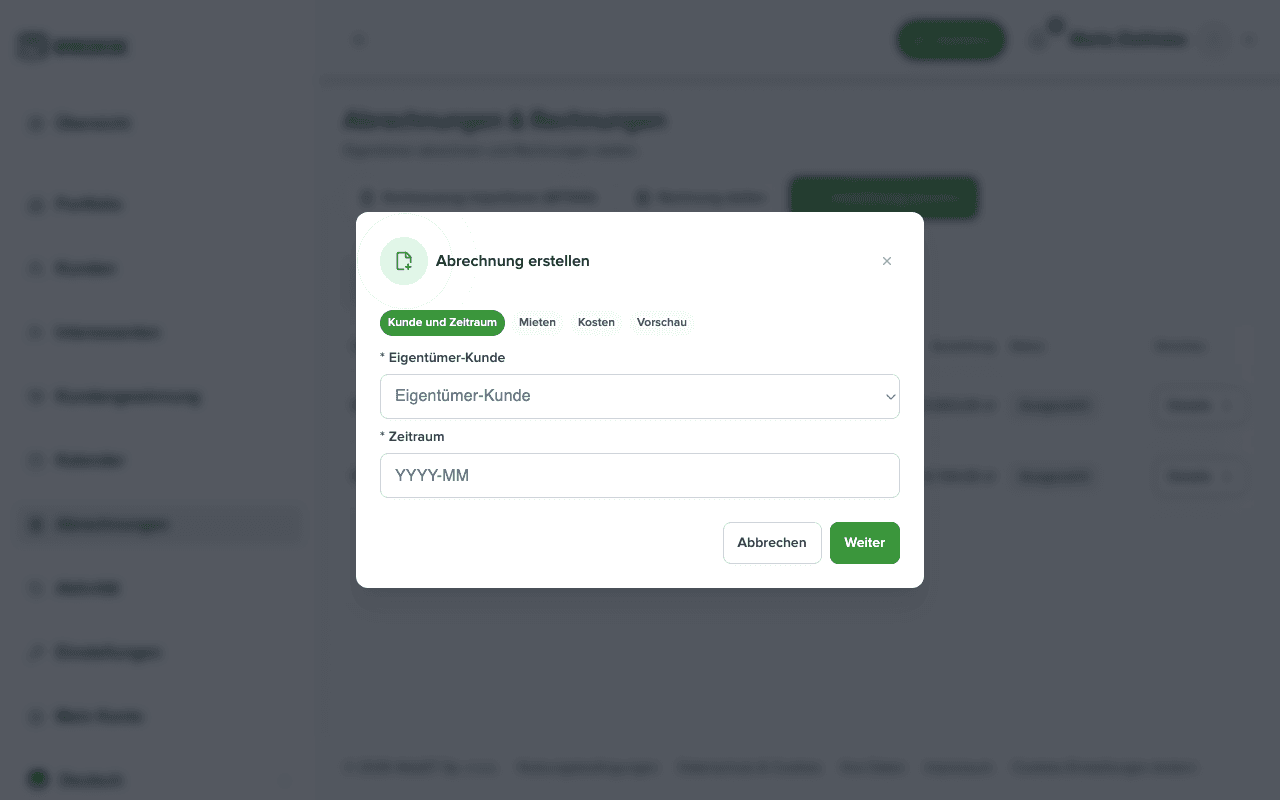 Abrechnungsassistent: Eigentümer und Zeitraum wählen
